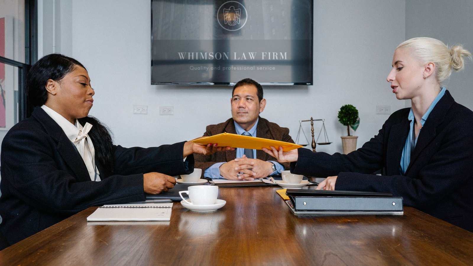 Reunión de trabajo en la sala de juntas de un despacho de abogados
